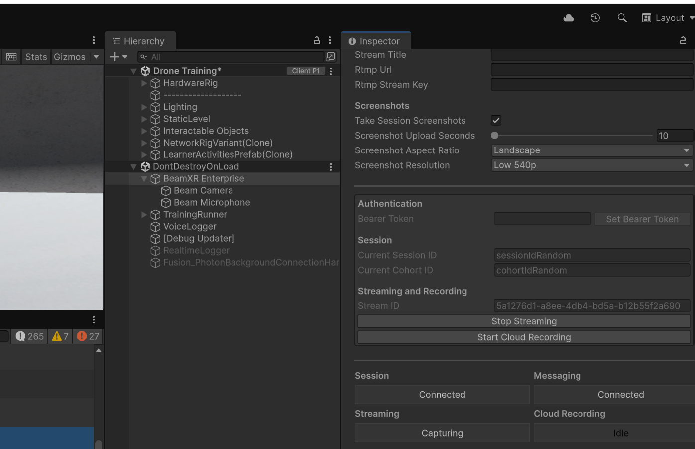 BeamXR Enterprise runtime - set Bearer Token, Session ID, and Cohort ID
